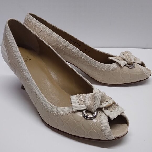 Stuart Weitzman Croc Embossed Peep Toe Knot Heels Size 9M - Picture 2 of 16